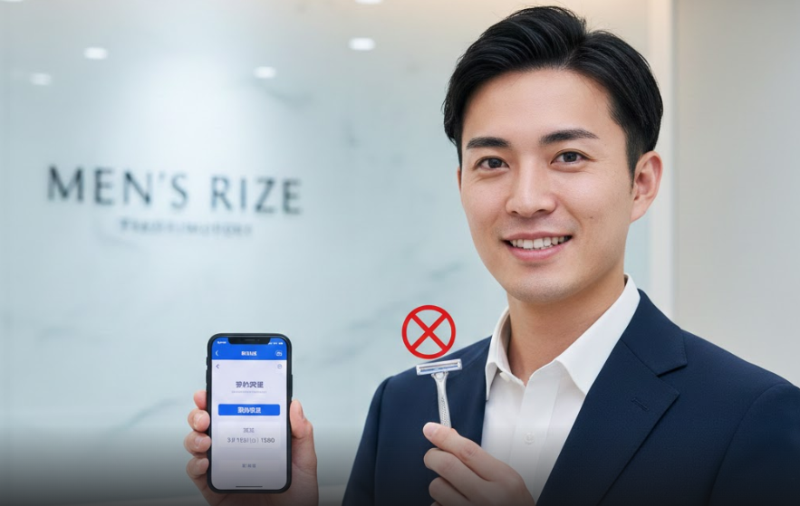 メンズリゼの医療脱毛で清潔感を手に入れ、ヒゲ剃りから解放された笑顔の日本人男性。背景にメンズリゼのロゴと、スマートフォンの予約画面。